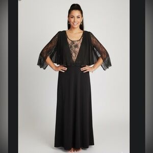 Liz Elana Embellished Mesh Accordion Sleeves Black Cocktail Evening Dress 14